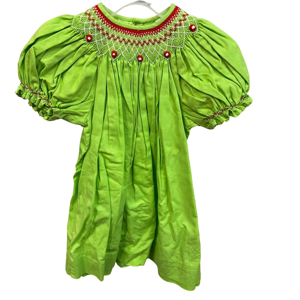 Kids Smocked Dress Green Red White Puff Sleeve Smocking 18m